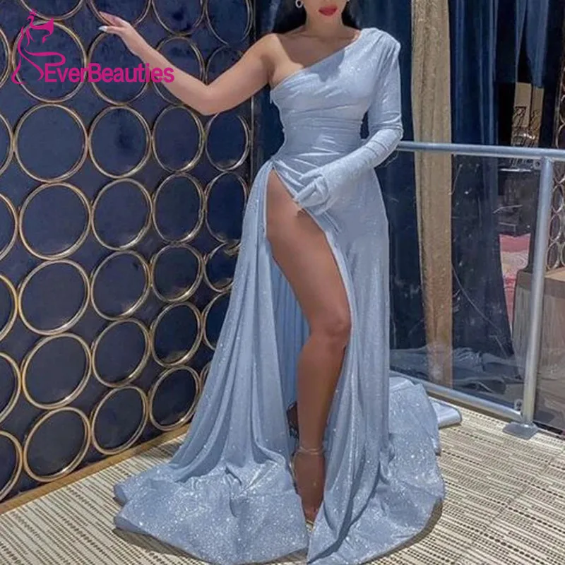 

Sequins Evening Dress Long 2020 High Split Formal Dresses One Shoulder Long Sleeves Robe De Soiree Mermaid Vestidos Formales