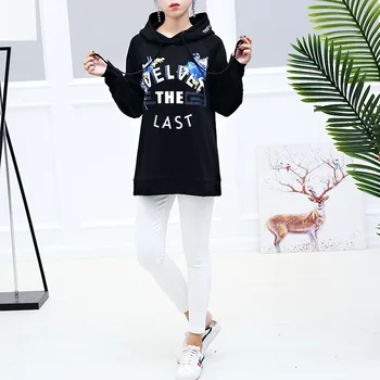 

2018 autumn Korean style print embroidery hooded long-sleeved long paragraph pullover hoody women hoodies NS4057