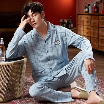 

Men's Pajamas Long-sleeved Pure Cotton Spring and Autumn Cotton Plaid Casual Large Size Cardigan Suit Thin Ensemble Homme 2020