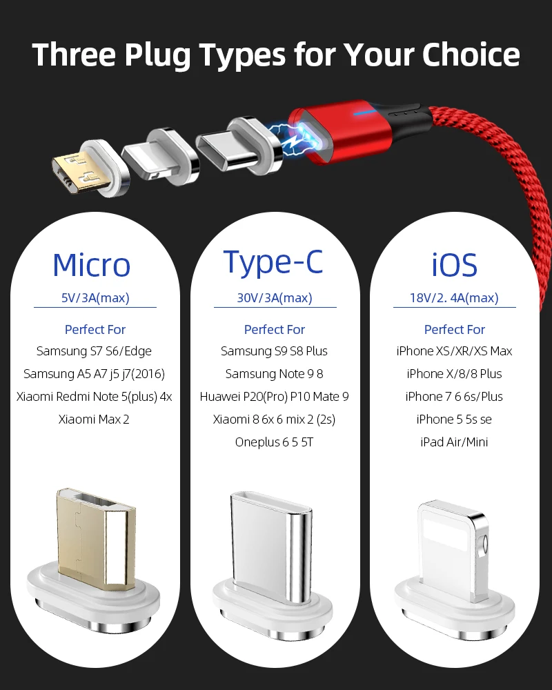Магнитный кабель для быстрой зарядки для iPhone XS MAX XR 8 7 Plus Micro usb type C для SAMSUNG S10+ S9 XIAOMI Mi9 MIX3 2S