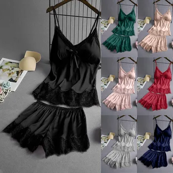 

Women V-neck Eyelash Silk Lace Sexy Stain Camisole Bowknot Shorts Setsexy Women Sleepwear In Women's Nighgown Fit