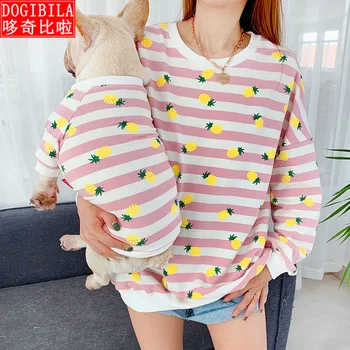 

Spring and autumn dog clothing striped pineapple round neck pet parent-child outfit T-shirt Teddy small dog cat