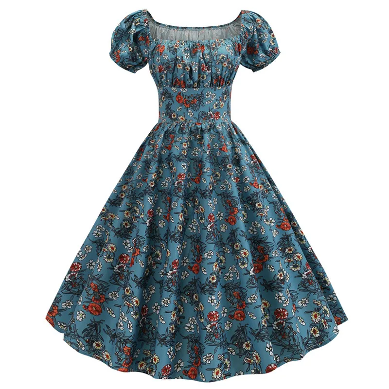 Летнее платье 50-х 60-х Хепберн в стиле знаменитостей винтажное платье-миди с квадратным вырезом Цветочный принт платье Для женщин белого и синего цвета большие качели тонкий Платья для вечеринок - Цвет: JY13952
