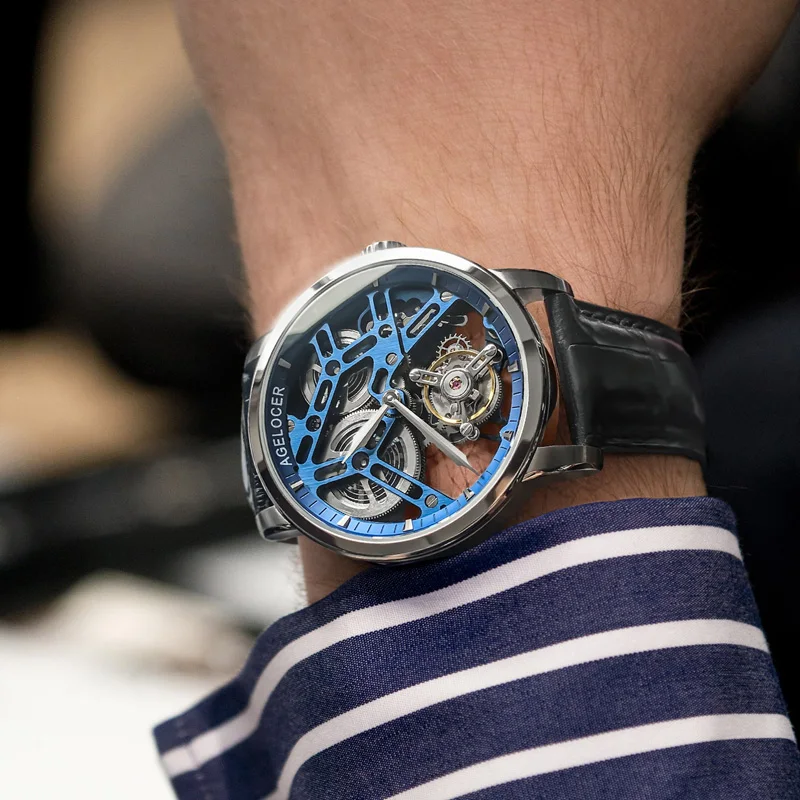 AGELOCER швейцарские Tourbillon часы для мужчин сапфировый синий Скелет циферблат лучший бренд класса люкс механические ручной ветер для мужчин s Tourbillon часы