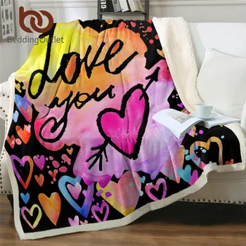 

BeddingOutlet Love you Plush Bedspread Letters Hearts Throw Blanket Watercolor Colorful Sherpa Blanket Valentine's Day Gift