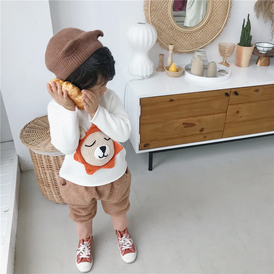 Tonytaobaby/Новая зимняя детская одежда для мальчиков и девочек; три цвета; Плюшевые брюки с рисунком животных; штаны для мальчиков