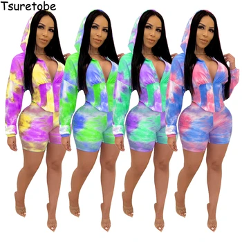 

Tsuretobe Tie Dye Print Tracksuits Women 2 Piece Set Hoodie Crop Top Biker Shorts Suits Summer Club Outfits 2020 Matching Sets