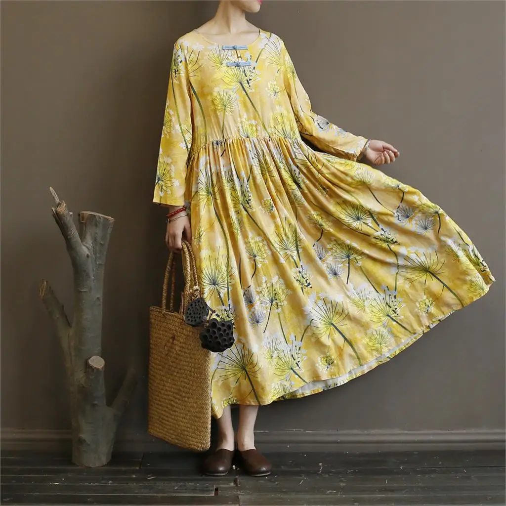 

Women Loose Printed Cotton Linen Dress Ladies Retro Print Casual Spring Autumn Dresses Female 2019 Fall Dress Floral Dress