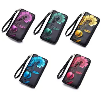 

Fashion Women RFID Leather Long Wallet Lady Flower Embossed Card Coin Holder Wristlet Purse Female Casual Handbag Zipper Bag