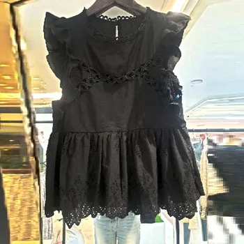 

Black Lace Blouse Women 2020 Summer New Round Neck Sleeveless Ruffle Sleeve Shirt Shirts Lace Shirt Girls Ladies Blusas Femme