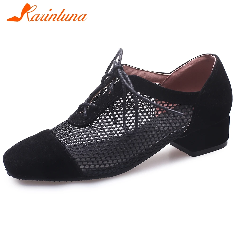 

Karinluna New Design 2020 Flock Lace Up Comfortable Shoes Woman Pumps Female Chunky Heels Dropship Summer Pumps Women Shoes