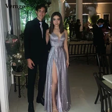 

Verngo Glitter Grey A Line Long Evening Dresses Square Neck Side Slit Floor Length Prom Dress Lady Party Special Occasion Dress