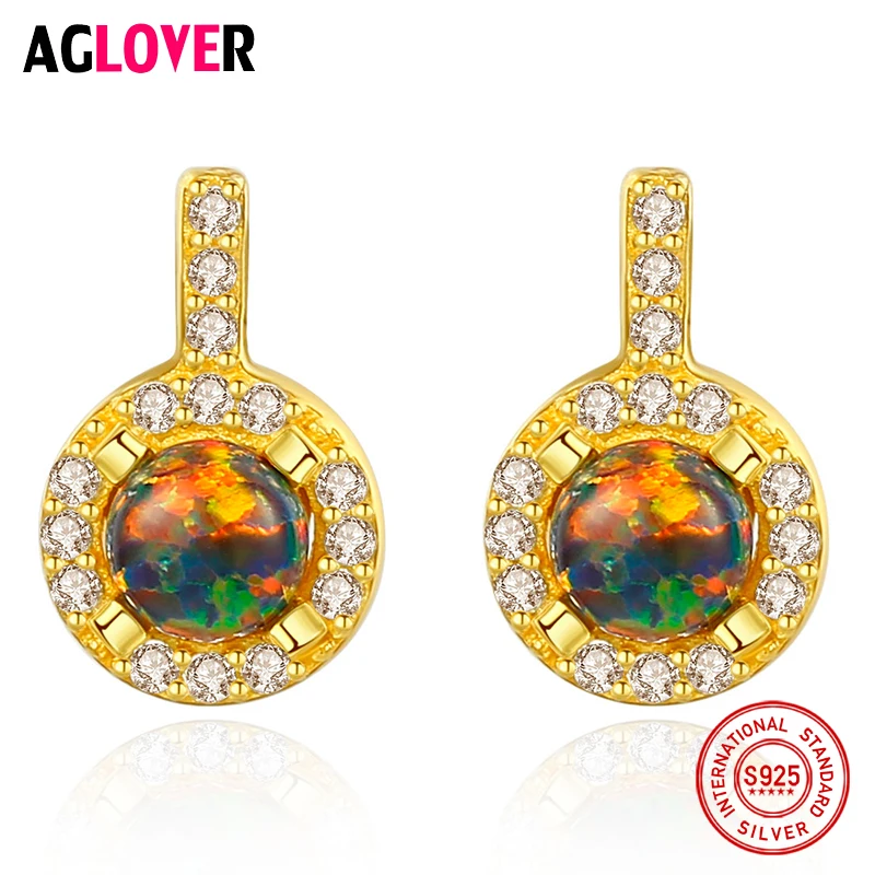 AGLOVER 2020 Hot Sale 925 Sterling Silver Gold Small Round Opal Earrings for Woman Birthday Beautiful Jewelry Gift | Украшения и