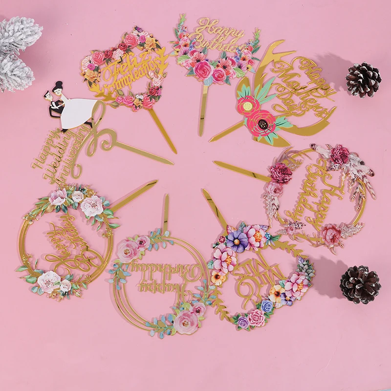 New Colored flowers Happy Birthday Cake Topper Gold Acrylic Birthday Xmas party Dessert decoration Baby shower Baking Supply