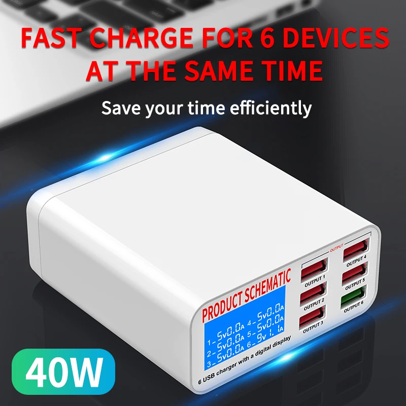 iHaitun Universal 40W Multi 6-Port USB Charger Desktop Charging Station Power Adapter Hub Travel Charger For iPhone Smartphone