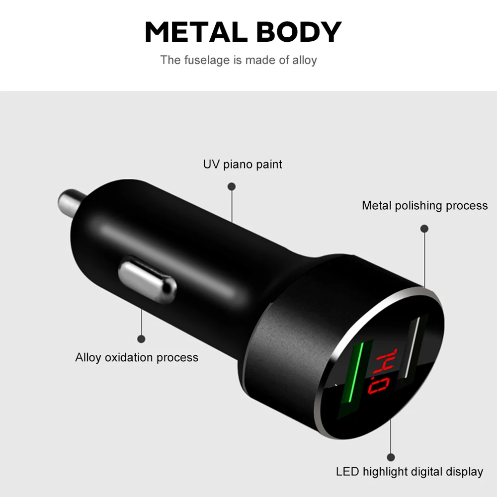 Автомобильное зарядное устройство с двумя USB, автомобильное зарядное устройство, адаптер, портативное автомобильное быстрое зарядное устройство, автомобильное зарядное устройство для мобильного телефона с дисплеем, черное прочное автомобильное зарядное устройство