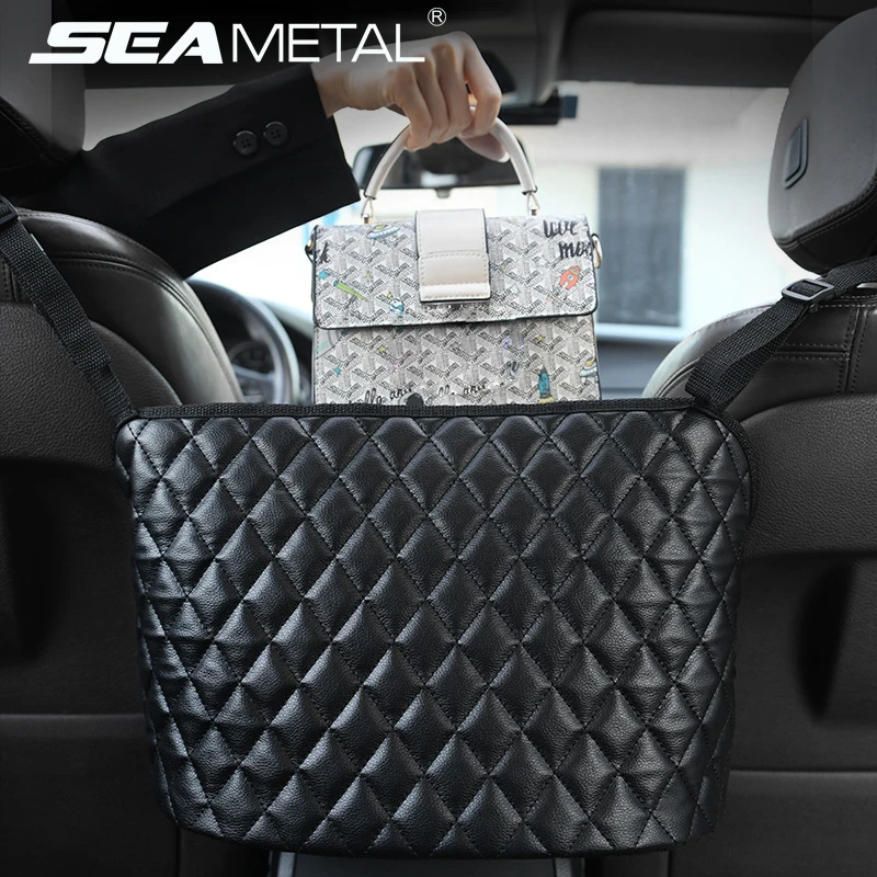 Leather Large Capacity Purse Storage Organizer Bag,Car Accessories for Women Car Net Pocket Handbag Holder Between Front Seats 