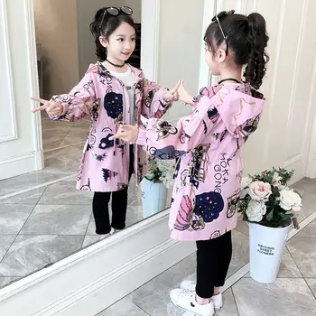 

INS HOT Baby Girls Windbreaker 4-13 Years Old Spring and Autumn Clothing Cartoon Print Hooded Children's Long Trench Coats