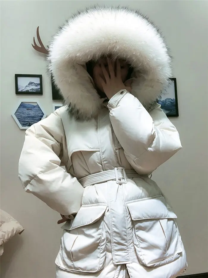 White Down Coat Winter Woman Fashion New Hooded Fur Collar Warm Thicken Cotton Clothing Casual Parkas Belt Overcoat f1401