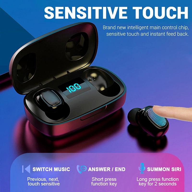 TWS Handsfree Bluetooth Earphone Bass Stereo Gaming Sport Touch Control Headset Mic LED earbuds Display Sport Wireless Headset