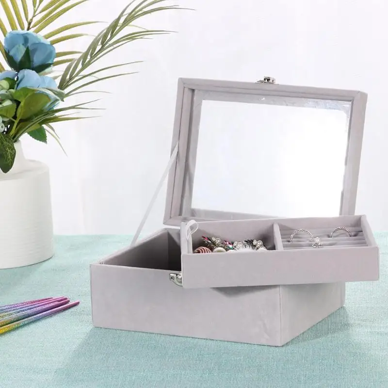 

2 Layer Rotary Velvet Gray Carrying Case Jewelry Ring Display Tray Holder Women Earrings Ring Organizer Square Box Dropshipping