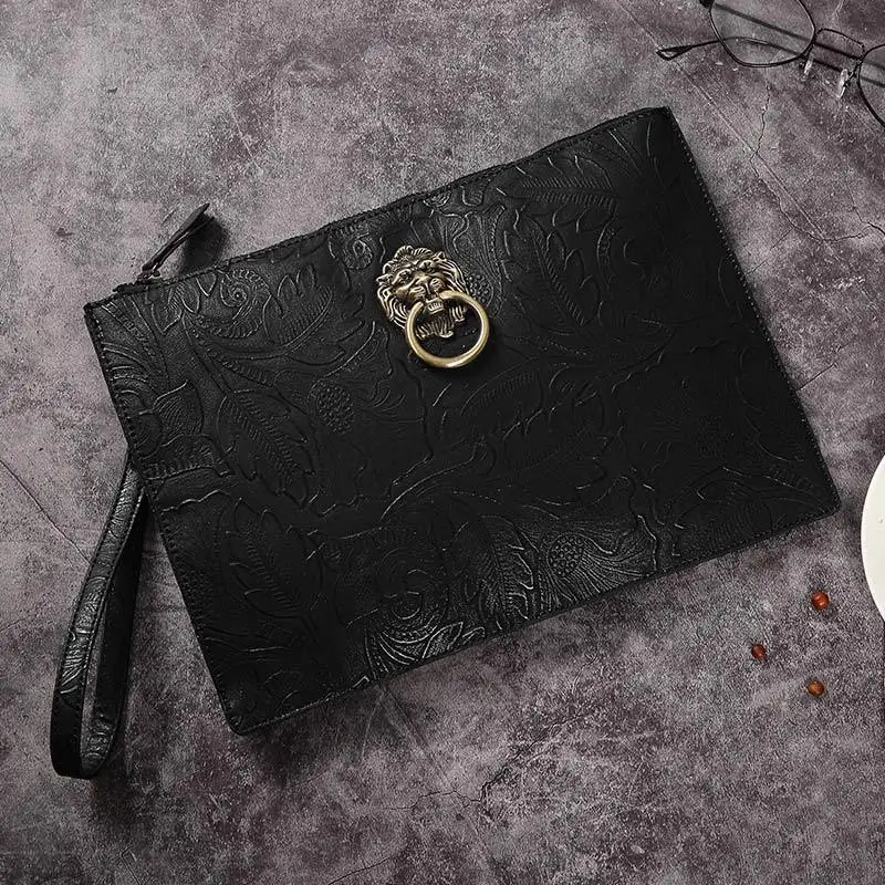 

Men's hand bag high quality Chinese style lion head lotus pattern tattoo envelope large capacity clutch 2019 new JIULIN