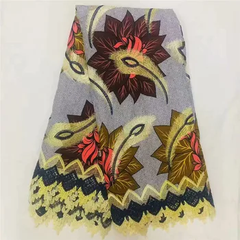 

Pretty embroidery wax fabric African real ankara print wax fabric with cord lace for wedding/party dress WLF235(6yards/lot)