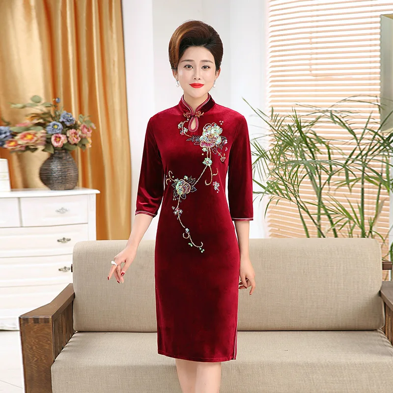 

Handmade Beaded Bracelet Sub-Cheongsam 2019 Middle Aged And Elderly People Middle-aged Women Dress Mid-length Skirt Retro Three-