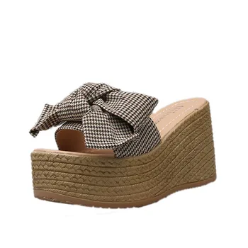 

Women High Heel Peep Toe Lace Up Sandals Summer Women Ladies Bow Knot Plaid Peep Toe Platform Wedges Sandal Shoes Slipper#527