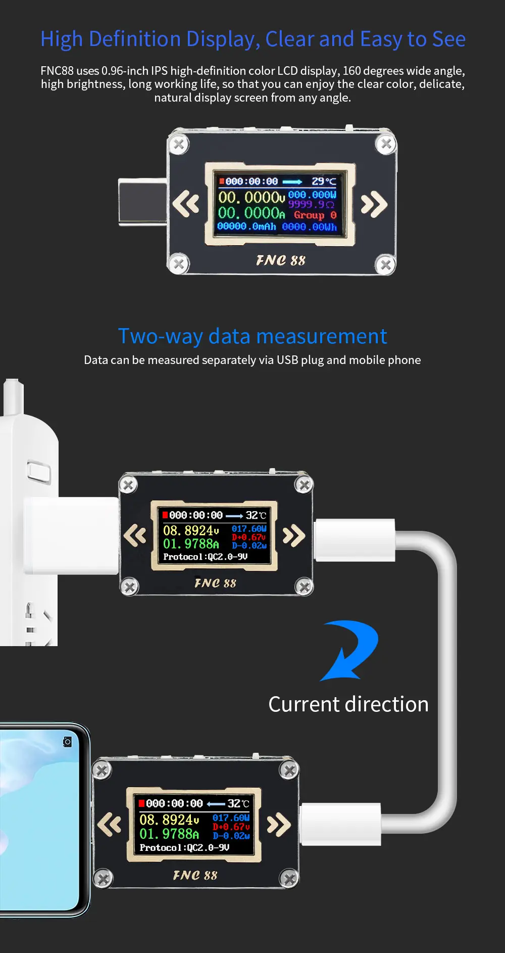 FNC88 тип-c PD триггер USB-C Вольтметр Амперметр Напряжение 2 способ измеритель тока мультиметр PD зарядное устройство батарея USB Тестер