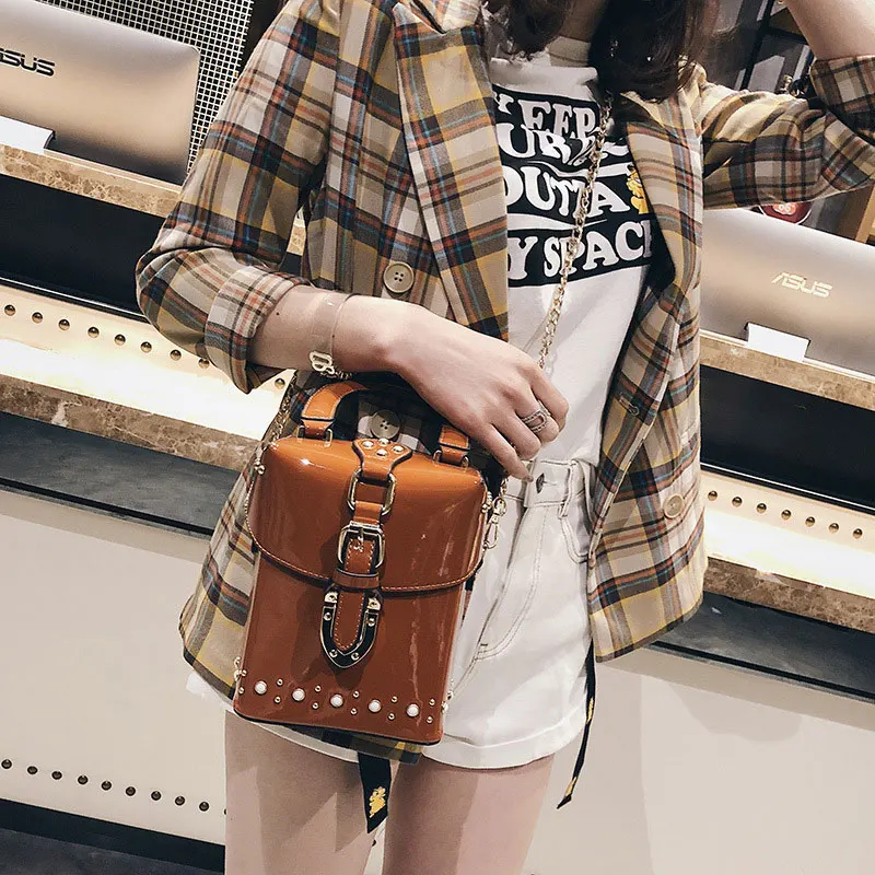 WOBAG New High Quality Women Patent Leather Cube Box Handbag Female Mini Diamond Simple Chain Shoulder Messenger Bag
