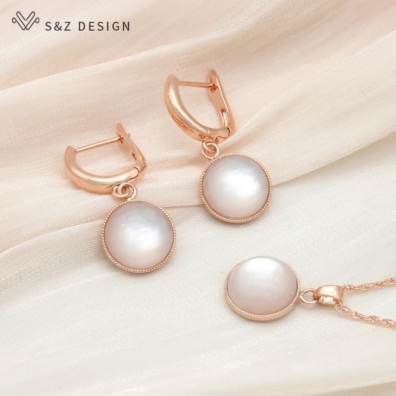 S&Z DESIGN New Fashion Round Dangle Earrings Jewelry Sets For Women Party 585 Rose Gold Color Pendant Necklace