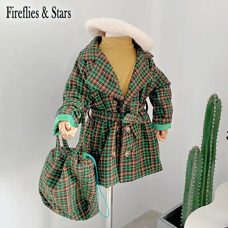 春の秋の女の子ブレンドコートベビーロングコートチェックteenagesための子供ブランド服新ファッショングリーン麻確認バッグ4に14歳 ウール混紡 Aliexpress