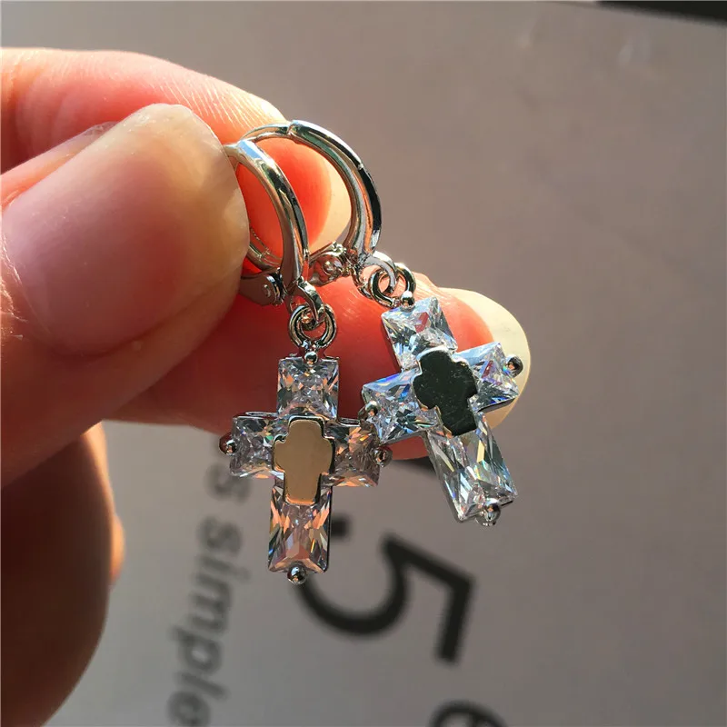 Cute Female Small Cross Hoop Earrings Fashion Gold Color Bride Wedding Luxury Crystal Zircon Stone For Women | Украшения и
