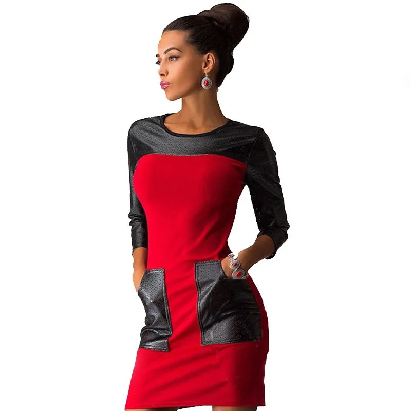 

Women's New Product Professional Commuting Pu Leather Stitching Slim Package Hip Dress 2020 Autumn