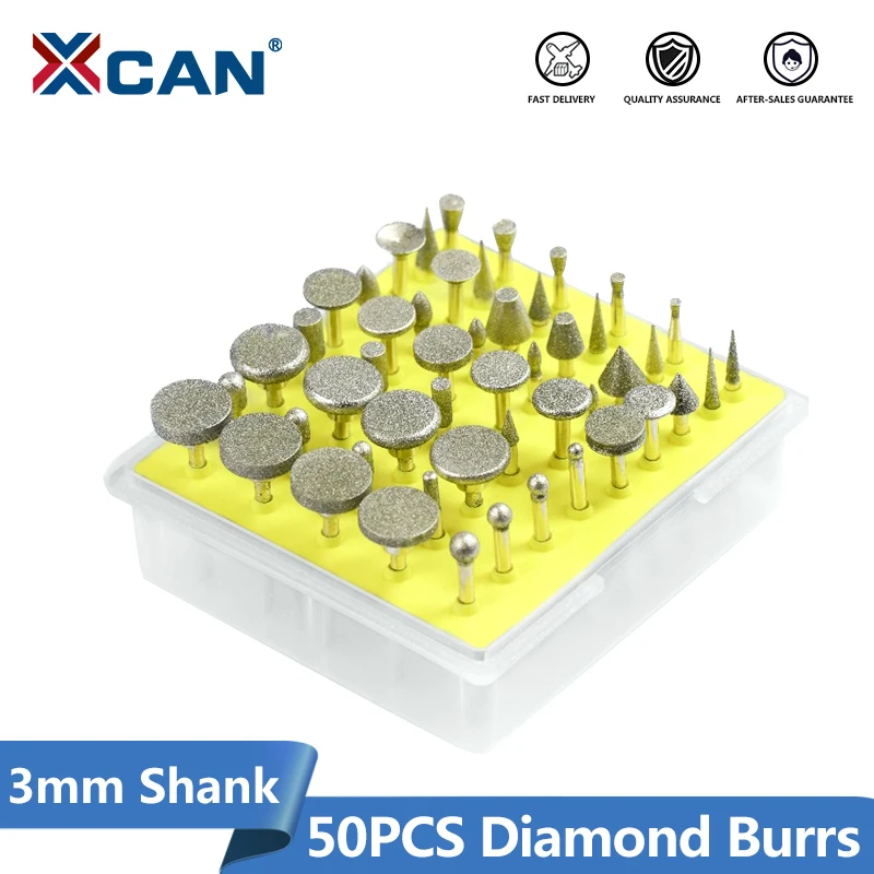 

XCAN 50pcs 3mm Shank Diamond Tipped Rotary Burrs Set Diamond Grinding Carving Burrs for Rotary Tools