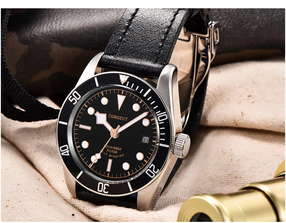Corgeut, военные мужские автоматические механические часы Schwarz Bay, роскошные Брендовые спортивные часы для плавания, кожаные механические наручные часы