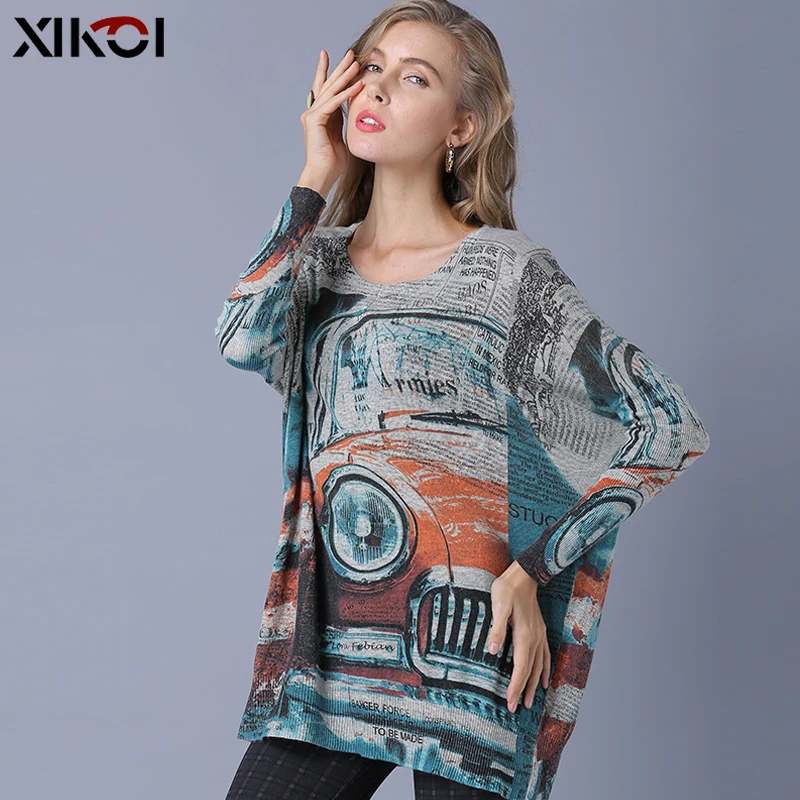 

XIKOI Oversize Women Sweater Top Classic Cars Print Knitted Sweater Casual Plus Fashion Pullover For Women Jumper Loose Grey