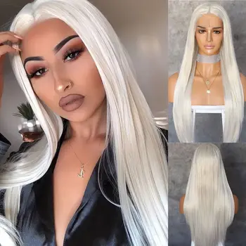 

BeautyTown HandTied White High Heat Resistant Straight Cosplay Celebrity Girl Wedding Party Synthetic Lace Front Wig