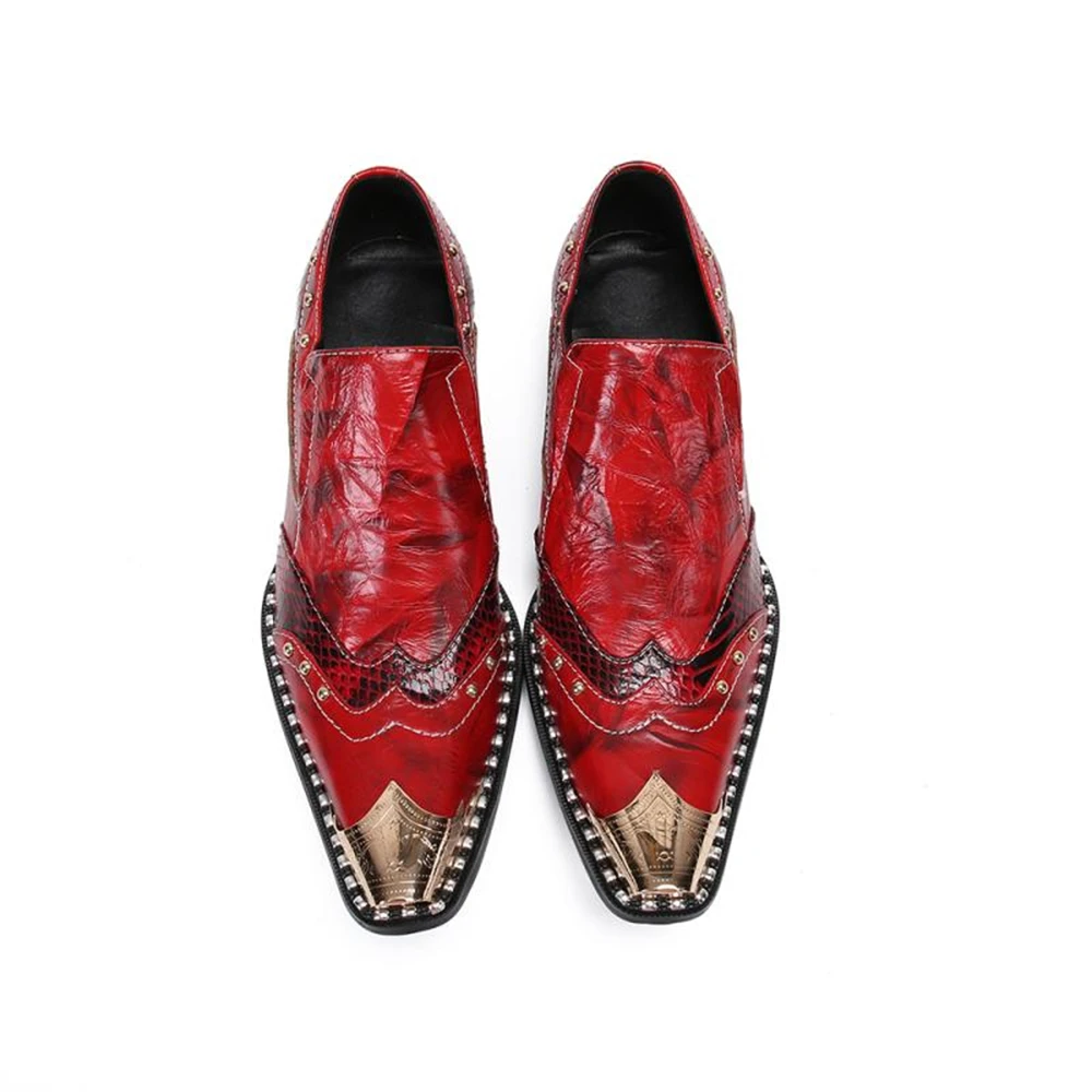 Red Men Genuine Leather Shoes Pointed Toe Classic Style Slip On Wedding Business Brand Shoes Plus Size 46
