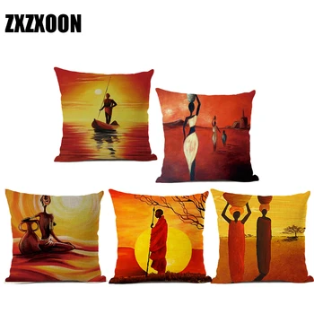 

Decorative Throw Pillows Case African Style Oil Painting Good Life Pattern Cotton Linen Sofa Cushion Cover for Home Living Room