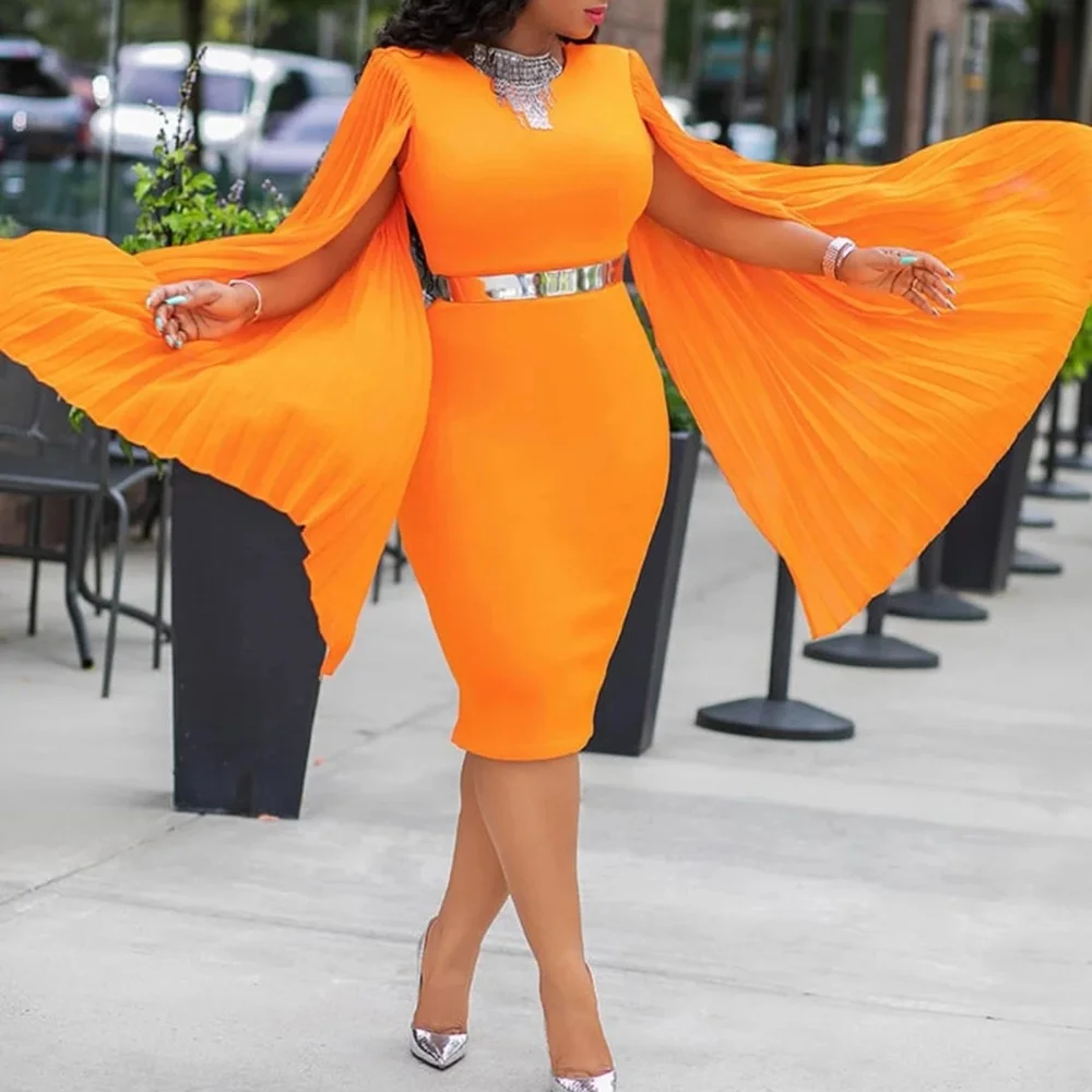

Orange Pleated Shawl Sleeveless Cocktail Party Dress Women Bodycon Dinner Dress Spring Back Split Pencil Mid Dress