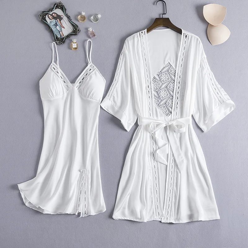 

Sexy Hollow Out Women Nighty&Robe Set Kimono Bath Gown White Wedding Robe 2PCS Sleepwer Thin Satin Mini Nightdress Nightgown