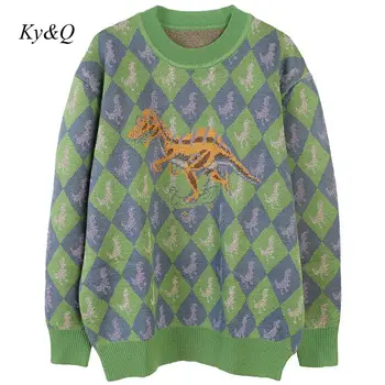 

Runway Brand Fashion Women Christmas Winter Dinosaur Embroidered Long Sleeve O-neck Green Knit Pullover Sweaters 2019 Jumper