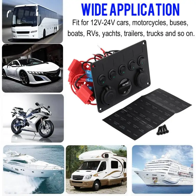 12-24V 5 Gang ON-OFF Toggle Switch Panel Dual USB Socket Charger LED Voltmeter 12V Power Outlet for