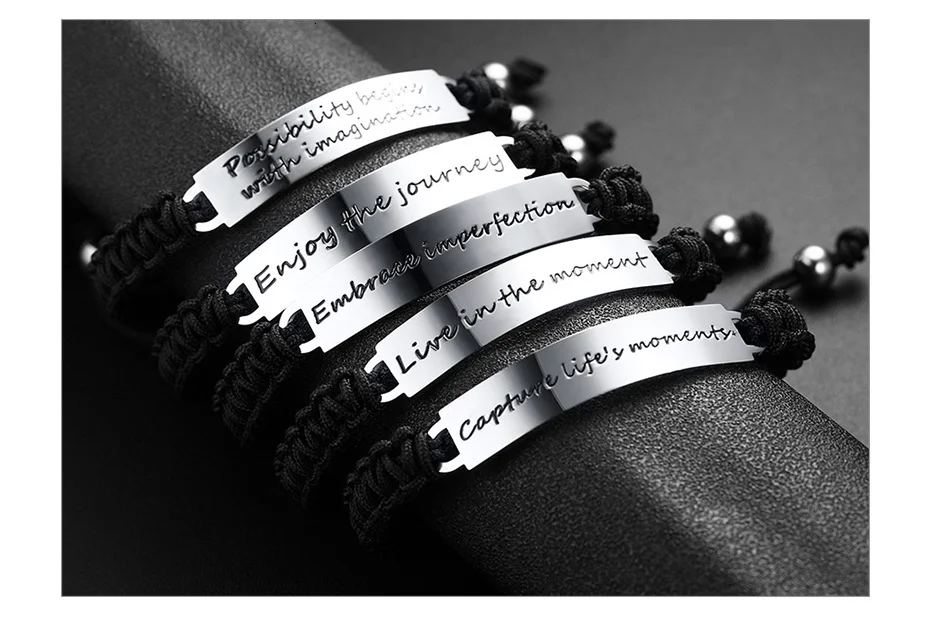 Vnox мужские повседневные "Живи в момент" вдохновляющие цитаты черные веревки цепи браслеты для женщин унисекс наручные ювелирные изделия