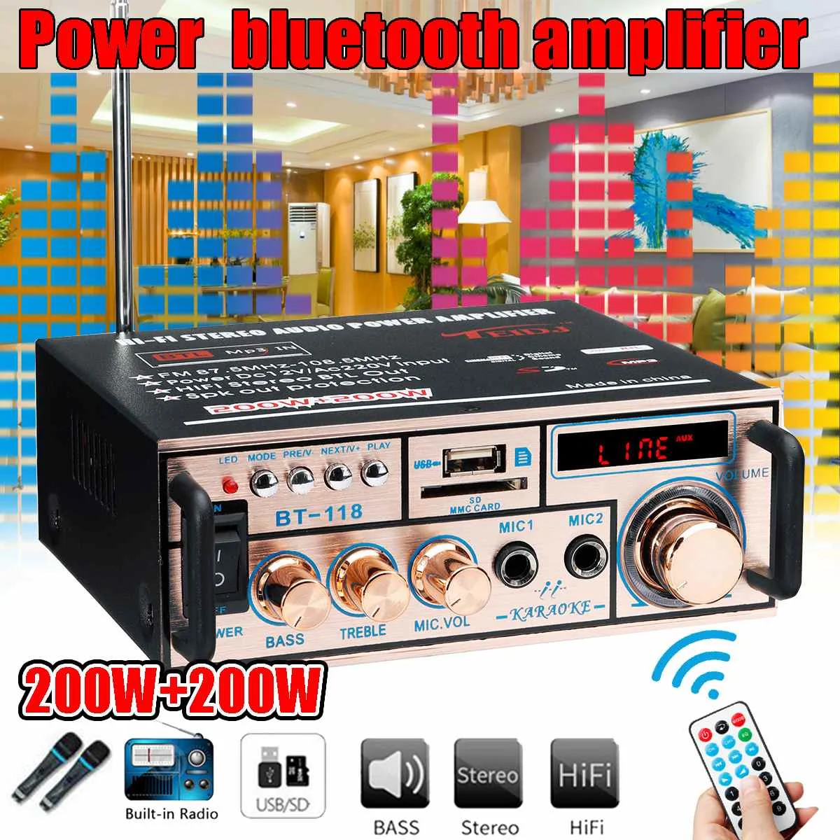 

220V 400W Bluetooths Car Home Powers Amplifier Wireless Digitals Audio Amplifier Stereo Low Distortion Remote Control Amplifier