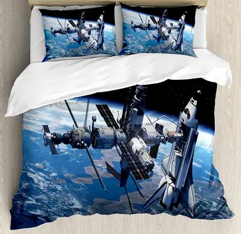 

Outer Space Duvet Cover Set Space Shuttle and Station View Cosmonaut Adventure on Myst Globe Orbit Off Bedding Set