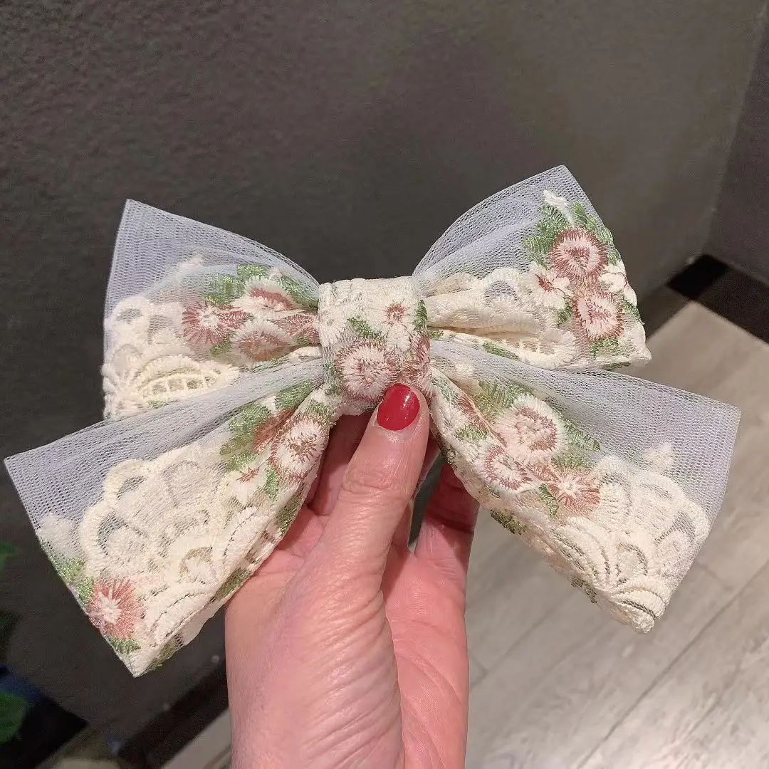 Korean Ribbon Bow Spring Barrette Hair Clips Embroidery Flower Hairpins Fabric Hair Bows Hoop Daily Casual Hair Accessories Gift crocodile hair clips Hair Accessories