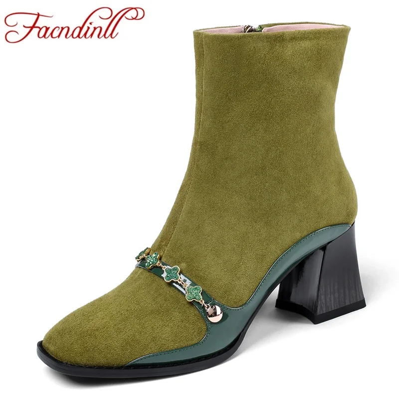 FACNDINLL 2020 spring autumn women ankle boots shoes genuine leather sheepskin high heels zipper green dress party warm 43 | Обувь